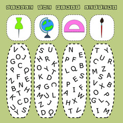 Find the first letter of the school suppliers.  Educational game for children.
