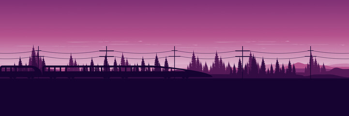 sunset with train silhouette in forest landscape flat design vector illustration good for wallpaper, background, backdrop, banner, web, and template