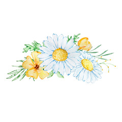 Bouquet of watercolor chamomile and yellow wildflowers
