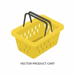 Vector realistic 3d illustration of a grocery cart. Yellow basket of a hypermarket. Icon for online store. Vector product cart.