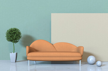 Living room interior in modern style, 3d render with sofa and decorations.