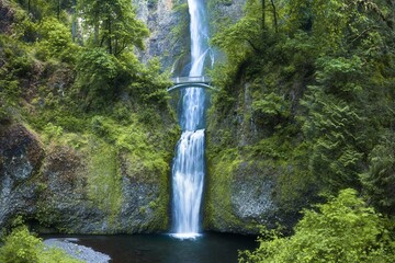 Multnomah Falls by Benson Bridge at Columbia River Gorge Oregon in Spring Season. Portland Oregon...