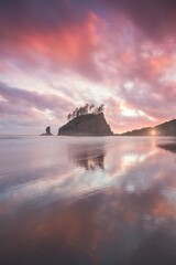Second Beach sunset threw forest fire smoke in La Push, Washington state, Olympic national park area,  Washington, West coast USA