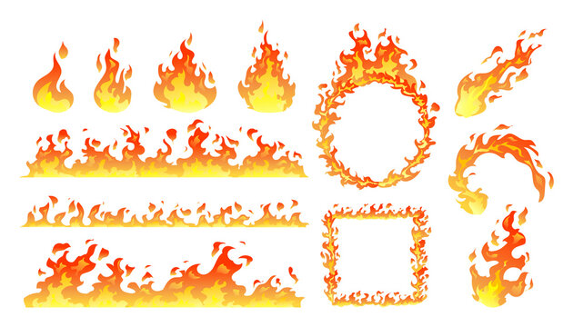 Collection of fire flames, burning bonfire, fireball, heat wildfire, burning effect cartoon illustration