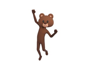 Bear character Jumping with smile on face doing winner gesture with fists up in 3d rendering.