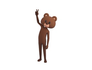 Bear character showing two finger in 3d rendering.