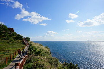 fascinating seascape with seaside walkway and clouds