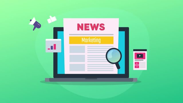 Marketing news article on laptop screen, blogging, content publishing on internet social media post sharing conceptual 2d animation 4k video clip.