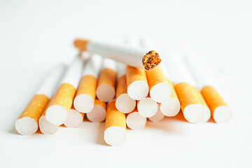 Cigarette isolated on white background with clipping path, roll tobacco in paper with filter tube, No smoking concept.