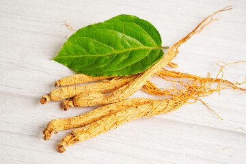 Ginseng roots and green leaf, healthy food.