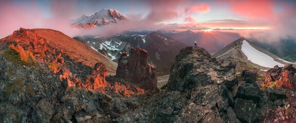 Mount Rainier National Park in the Cascade Range, Washington State, USA. A beautiful active volcano at sunset in North America. Summer time. © Michal