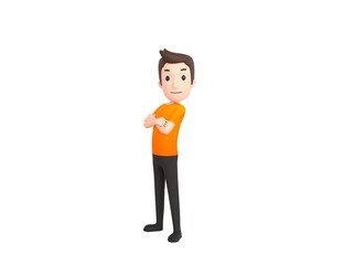 Man wearing Orange T-Shirt character cross arms and looking to camera in 3d rendering.