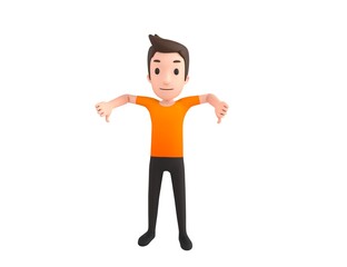 Man wearing Orange T-Shirt character showing thumb down with two hands in 3d rendering.