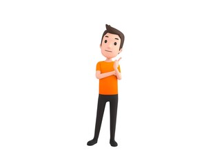 Man wearing Orange T-Shirt character thinking in 3d rendering.