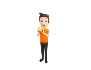 Man wearing Orange T-Shirt character eating sandwich in 3d rendering.