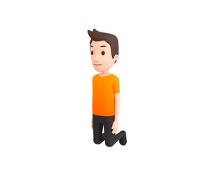 Man wearing Orange T-Shirt character kneeling in 3d rendering.