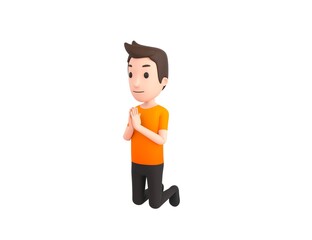 Man wearing Orange T-Shirt character kneeling and pray in 3d rendering.
