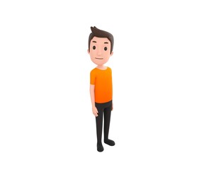 Man wearing Orange T-Shirt character standing and look up to camera in 3d rendering.