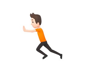Fototapeta na wymiar Man wearing Orange T-Shirt character pushing wall in 3d rendering.
