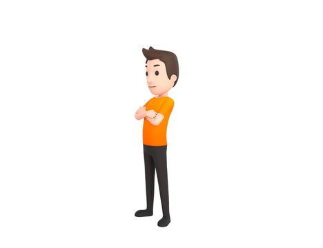 Man wearing Orange T-Shirt character smiling with arms crossed look to the side in 3d rendering.