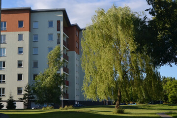 Modern urban high-rise residential building and green grass and trees in the yard