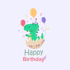Happy birthday clip art sticker ,  hatching dino egg . cute tyranosaurus that hatched from an egg. Dinos on holiday cards for kids. Vector, cartoon