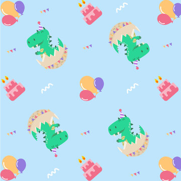  Prehistoric animal nursery print with balloons and cake.Cute dinosaur birthday seamless pattern. Jurassic Vector background for invitation, wrap paper.