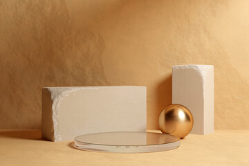 Beige stone room with glass podium. White sandstone blocks and gold sphere on natural beige stone with soft shadow. Concept of shop product or cosmetic display stand background, mock up. 3d render.