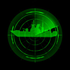 The green scope is aimed at the warship. Black background. Green radar
