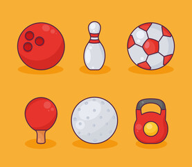 six sports equipment icons