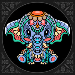 Colorful elephant zentangle arts isolated on black background