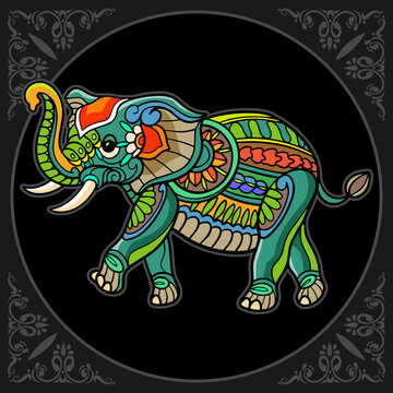 Colorful elephant zentangle arts isolated on black background