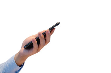 close up hand holding smartphone isolated on white background.