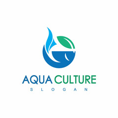 Blue Round Fish And Leaf Logo Aqua Culture Icon Concept Isolated On White Background