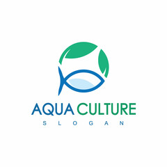 Blue Round Fish And Leaf Logo Aqua Culture Icon Concept Isolated On White Background