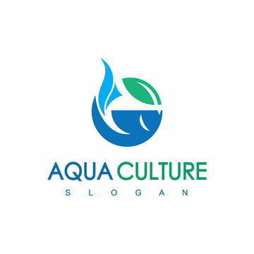 Blue Round Fish And Leaf Logo Aqua Culture Icon Concept Isolated On White Background
