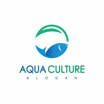 Blue Round Fish And Leaf Logo Aqua Culture Icon Concept Isolated On White Background