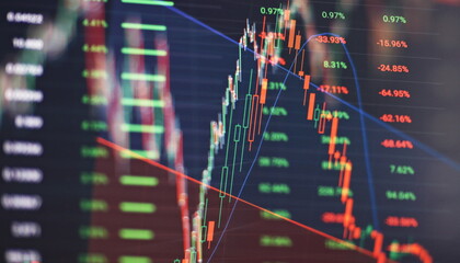 Technical price graph and indicator, red and green candlestick chart on blue theme screen, market...
