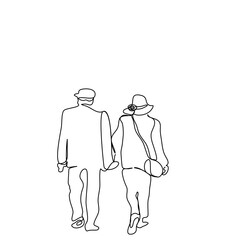 Backside of Old couple are walking together in continue line style.Senior man and woman  walking together in drawing in single line. Minimalist black linear sketch vector isolated on white background.