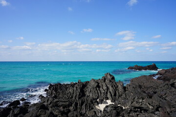 Fototapeta na wymiar rock coast and clear bluish sea