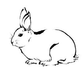 水墨画技法で描いたしゃがむうさぎ（線のみ）
