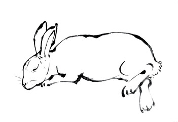 水墨画技法で描いた眠るウサギ（線のみ）
