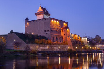 Medieval Hermann Castle on a late October evening. Narva, Estonia