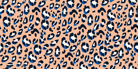 Leopard pink and blue seamless pattern. Animalistic print for fabric, paper. Vector hand-drawn background. 