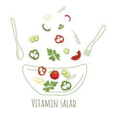 Vitamin salad of fresh vegetables and herbs in a hand-drawn style. The concept of healthy food. Vector illustration isolated on a white background