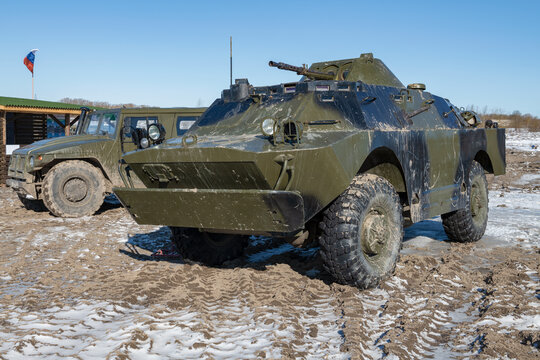 KRASNOE SELO, RUSSIA - MARCH 27, 2022: BRDM-2, armored reconnaissance and patrol vehicle in the Steel Landing Forces military historical park on a sunny March day. Krasnoe Selo