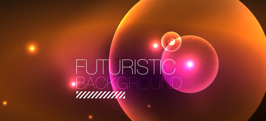 Shiny neon geometric abstract background. Glowing lights on round shapes, triangles and circles. Wallpaper for concept of AI technology, blockchain, communication, 5G, science, business