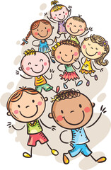 Illustration of cartoon happy kids running together