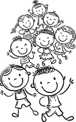 Line drawing of happy kids running together