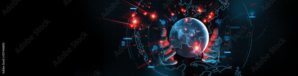 Poster global business concept. hands touching global internet network connection, data exchange, business 